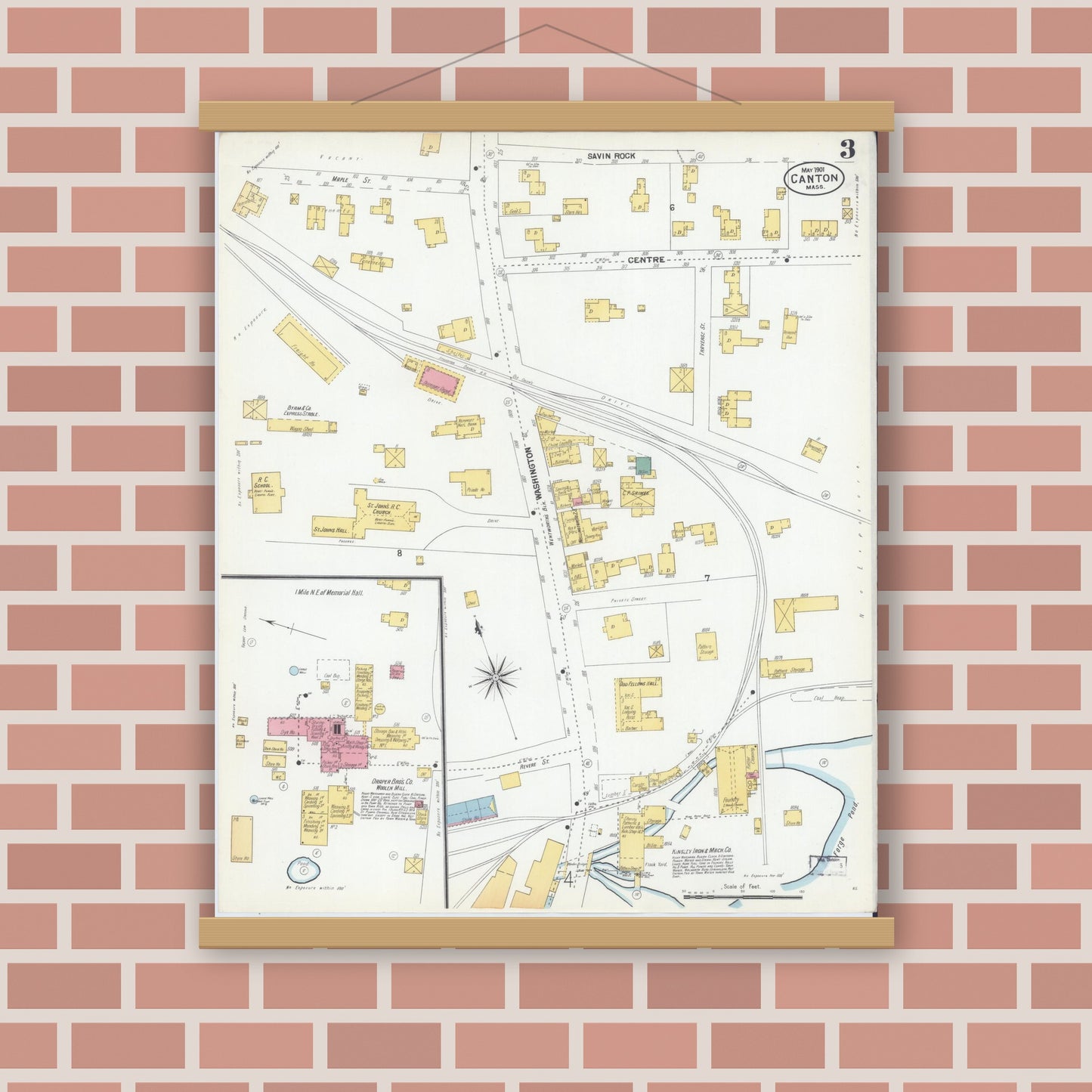 Old map wall art mockup — magnetic wood frame on brick wall — Sanborn Fire Insurance Map from Canton, Norfolk County, Massachusetts (1901), Sheet #0003