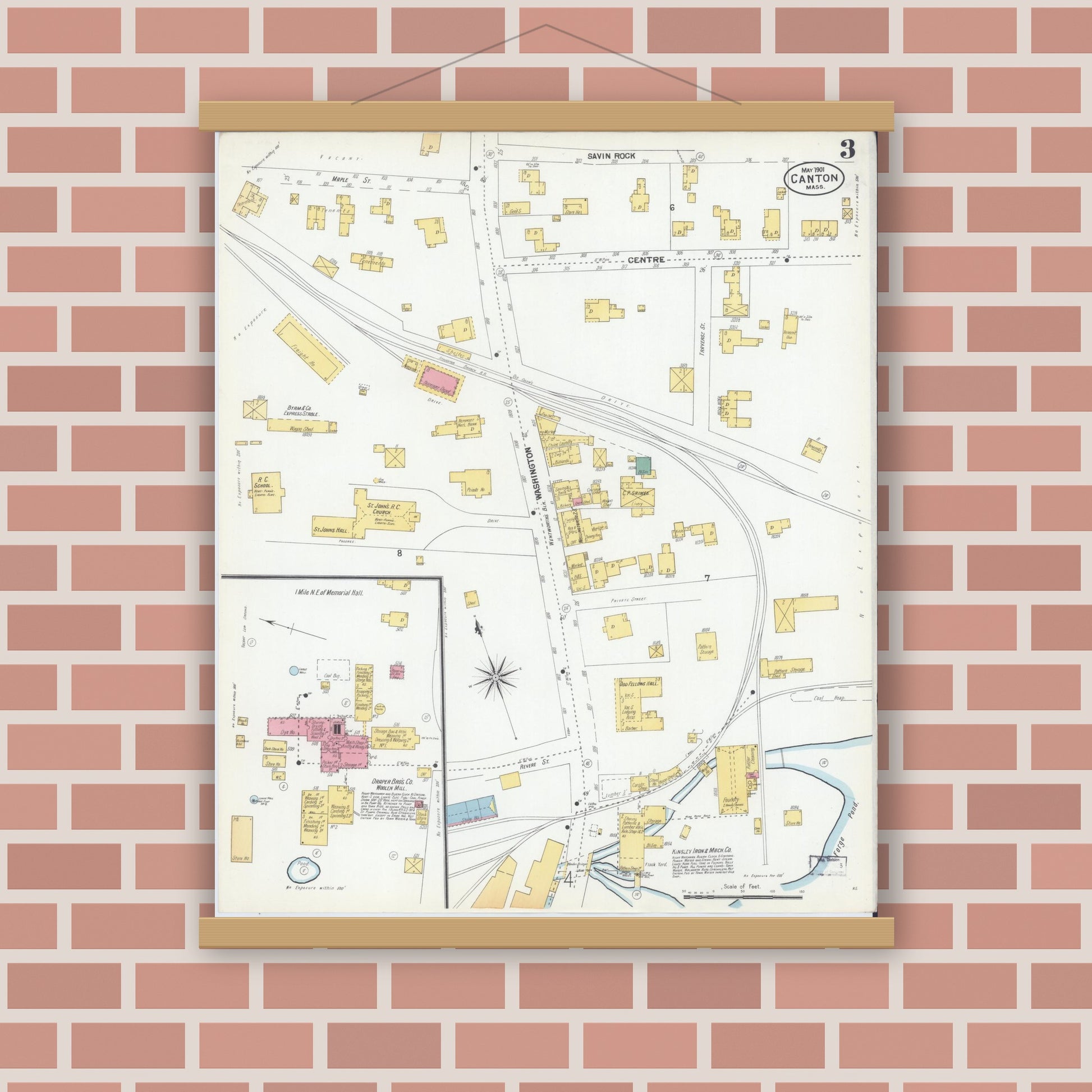 Old map wall art mockup — magnetic wood frame on brick wall — Sanborn Fire Insurance Map from Canton, Norfolk County, Massachusetts (1901), Sheet #0003