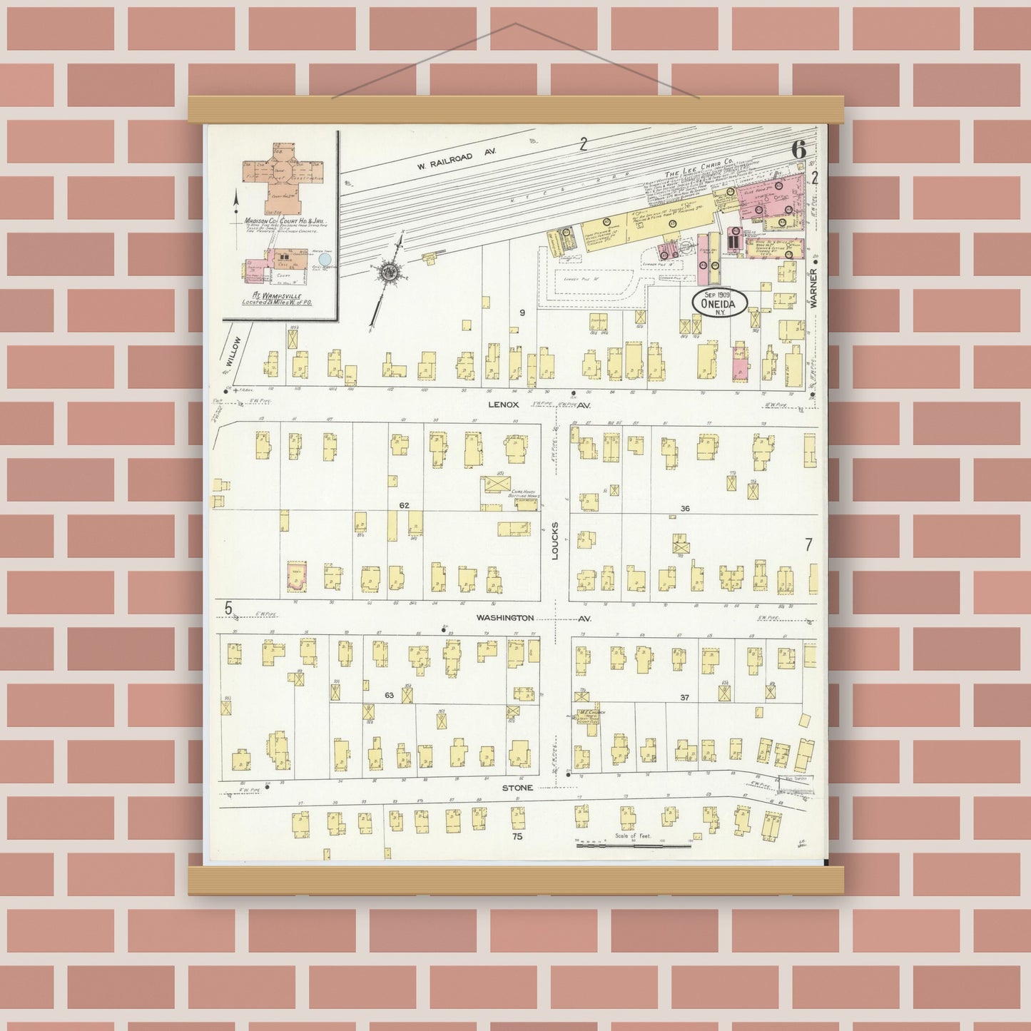 Old map wall art mockup — magnetic wood frame on brick wall — Sanborn Fire Insurance Map from Oneida, Madison County, New York (1909), Sheet #0006
