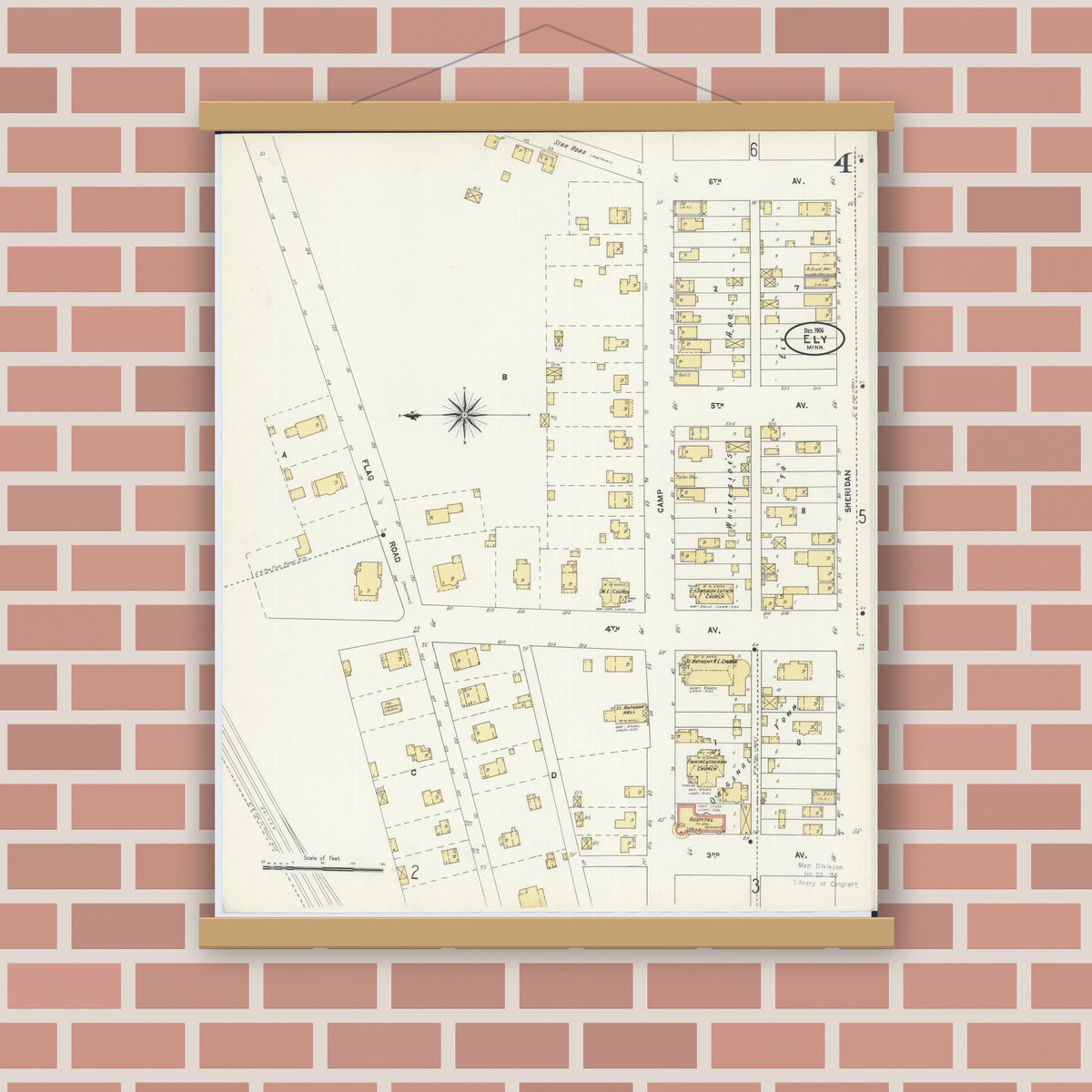 Old map wall art mockup — magnetic wood frame on brick wall — Sanborn Fire Insurance Map from Ely, Saint Louis County, Minnesota (1906), Sheet #0004