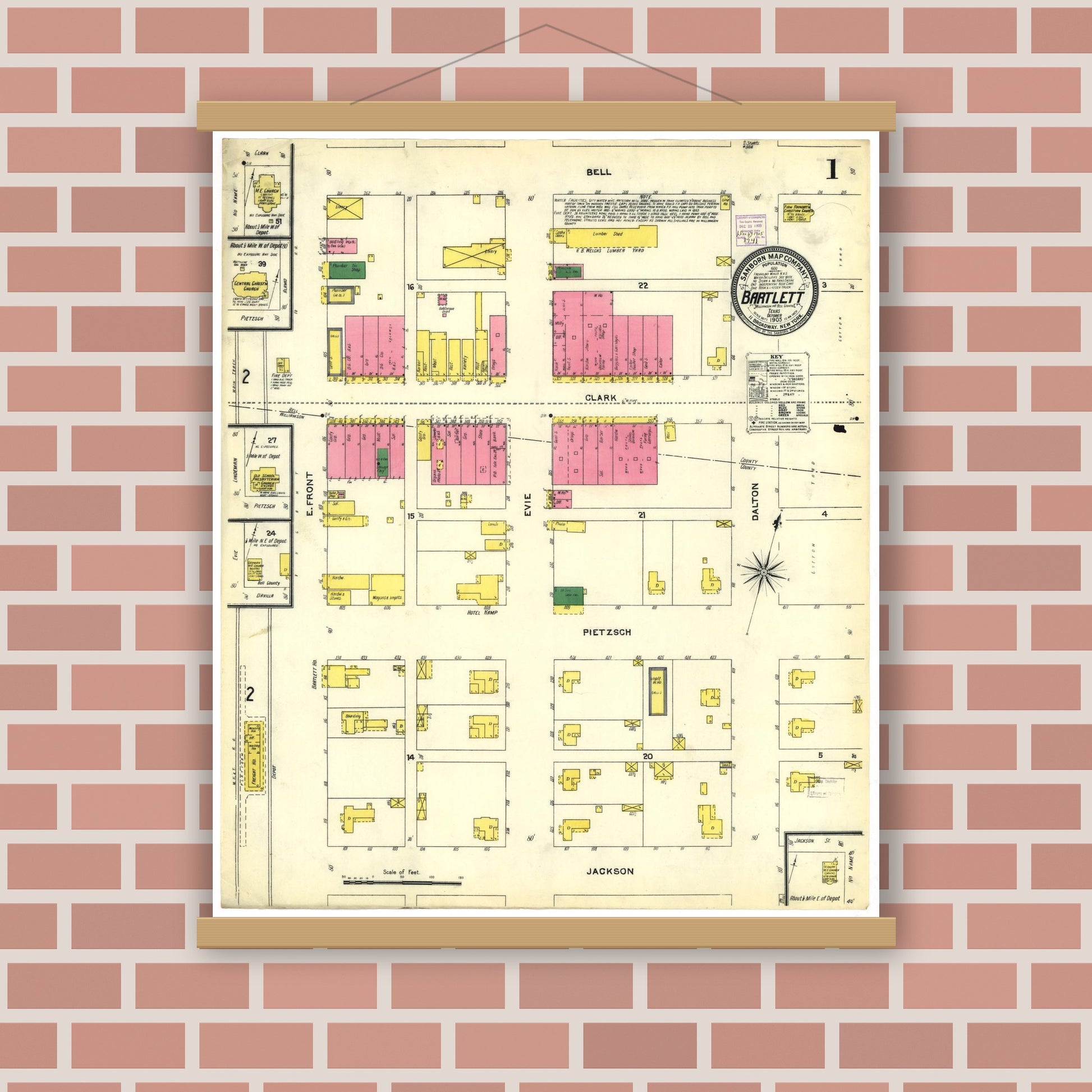 Old map wall art mockup — magnetic wood frame on brick wall — Sanborn Fire Insurance Map from Bartlett, Bell and Williamson Counties, Texas (1905), Sheet #0001