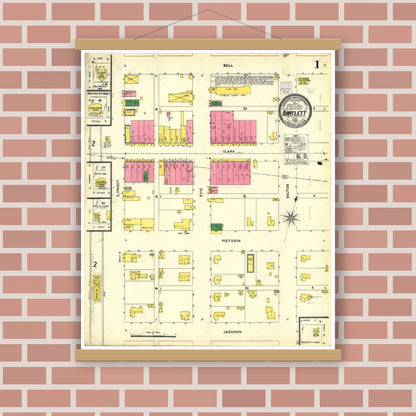 Old map wall art mockup — magnetic wood frame on brick wall — Sanborn Fire Insurance Map from Bartlett, Bell and Williamson Counties, Texas (1905), Sheet #0001
