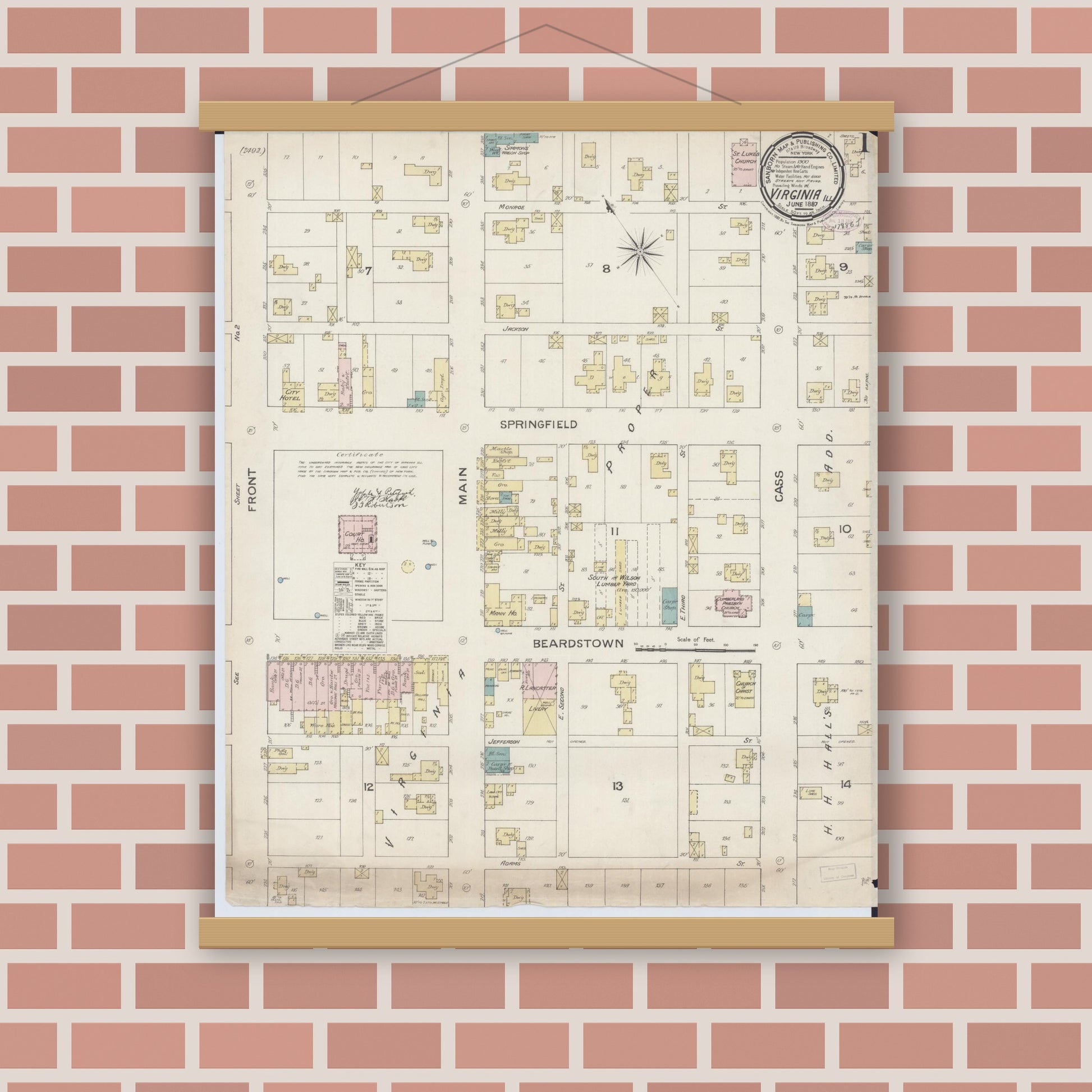 Old map wall art mockup — magnetic wood frame on brick wall — Sanborn Fire Insurance Map from Virginia, Cass County, Illinois (1887) - Complete Map Set