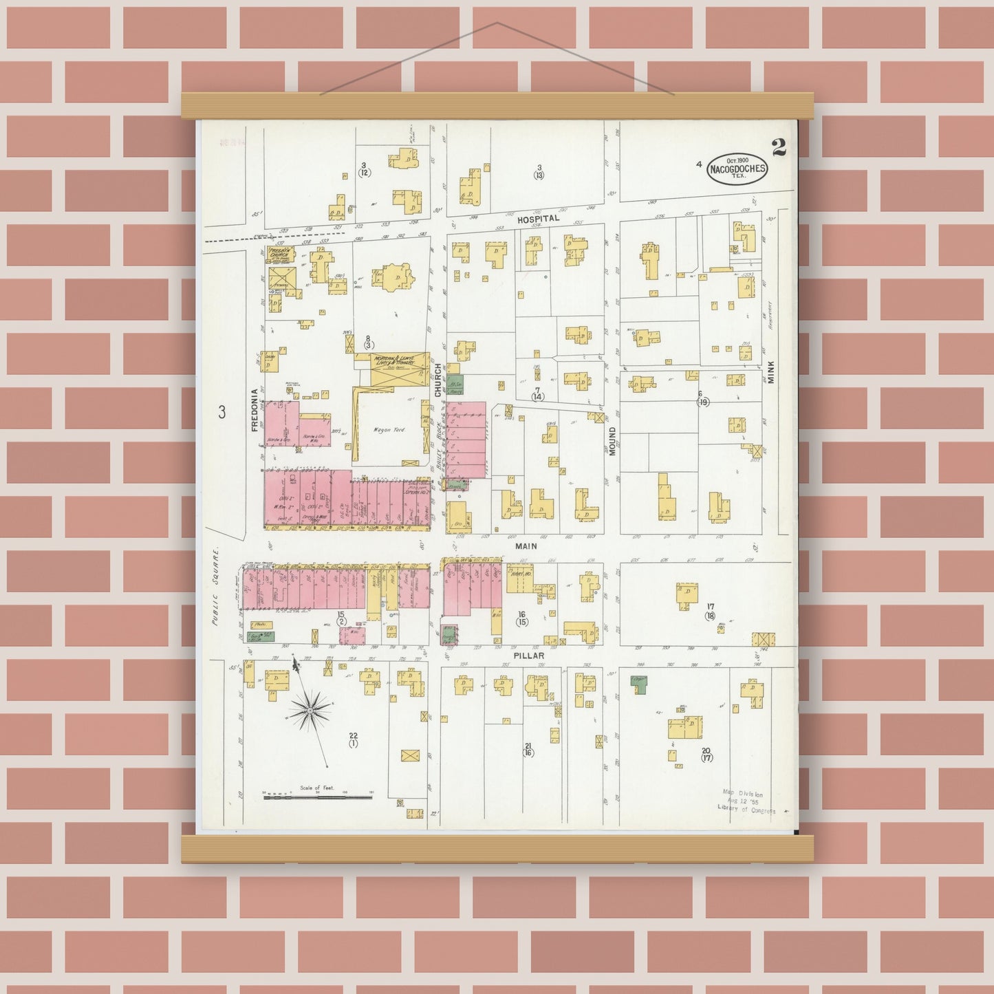 Old map wall art mockup — magnetic wood frame on brick wall — Sanborn Fire Insurance Map from Nacogdoches, Nacogdoches County, Texas (1900), Sheet #0002