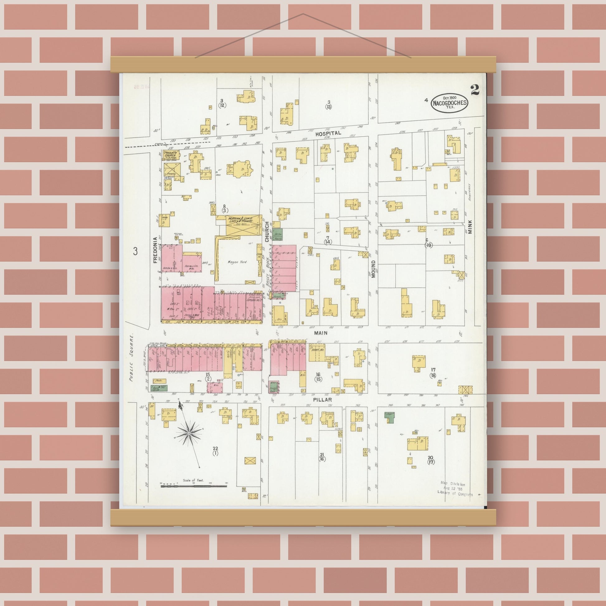 Old map wall art mockup — magnetic wood frame on brick wall — Sanborn Fire Insurance Map from Nacogdoches, Nacogdoches County, Texas (1900), Sheet #0002