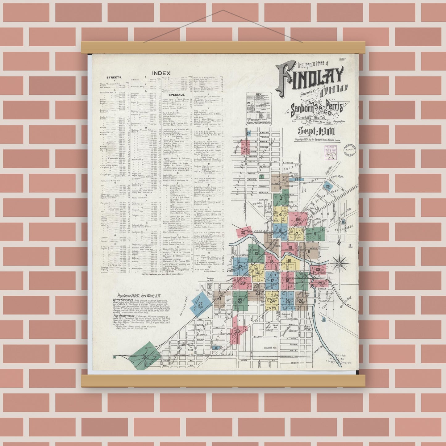 Old map wall art mockup — magnetic wood frame on brick wall — Sanborn Fire Insurance Map from Findlay, Hancock County, Ohio (1901) - Complete Map Set