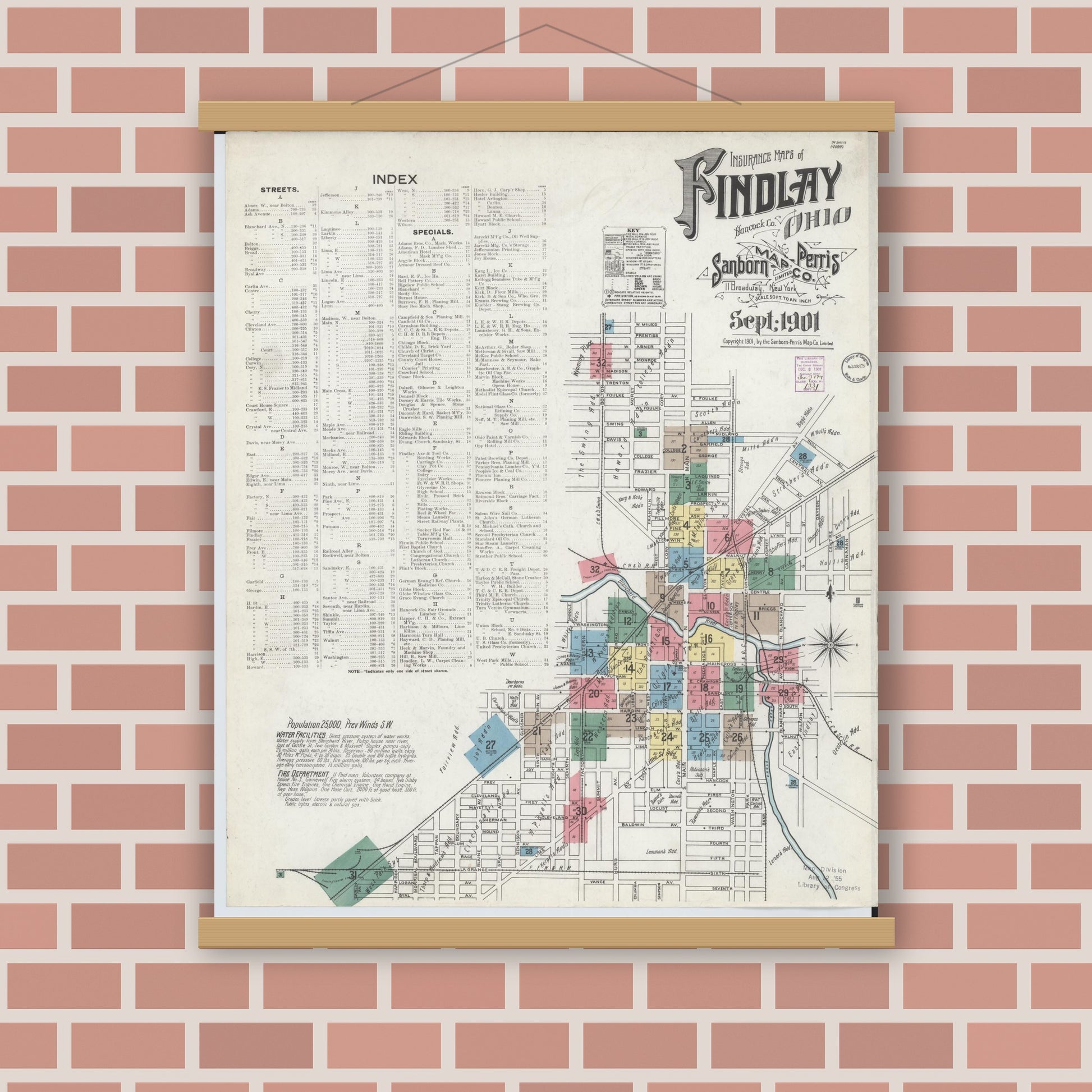 Old map wall art mockup — magnetic wood frame on brick wall — Sanborn Fire Insurance Map from Findlay, Hancock County, Ohio (1901) - Complete Map Set
