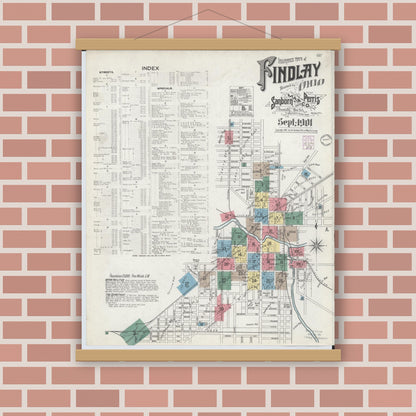 Old map wall art mockup — magnetic wood frame on brick wall — Sanborn Fire Insurance Map from Findlay, Hancock County, Ohio (1901) - Complete Map Set