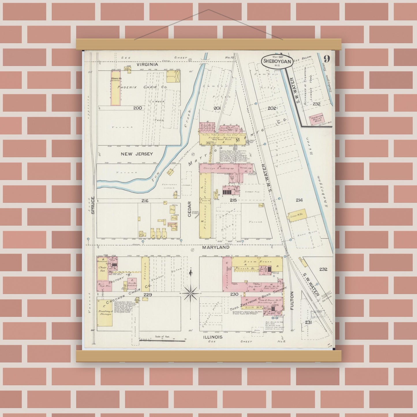 Old map wall art mockup — magnetic wood frame on brick wall — Sanborn Fire Insurance Map from Sheboygan, Sheboygan County, Wisconsin (1887), Sheet #0009