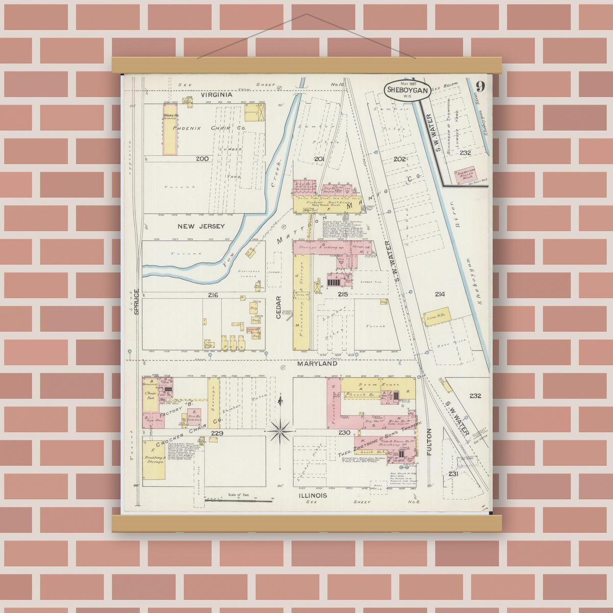 Old map wall art mockup — magnetic wood frame on brick wall — Sanborn Fire Insurance Map from Sheboygan, Sheboygan County, Wisconsin (1887), Sheet #0009