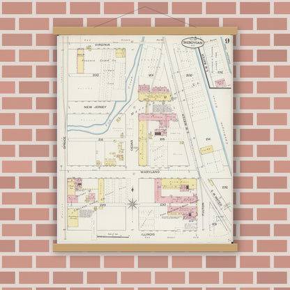 Old map wall art mockup — magnetic wood frame on brick wall — Sanborn Fire Insurance Map from Sheboygan, Sheboygan County, Wisconsin (1887), Sheet #0009