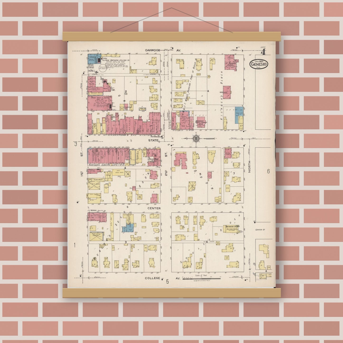 Old map wall art mockup — magnetic wood frame on brick wall — Sanborn Fire Insurance Map from Geneseo, Henry County, Illinois (1922), Sheet #0004