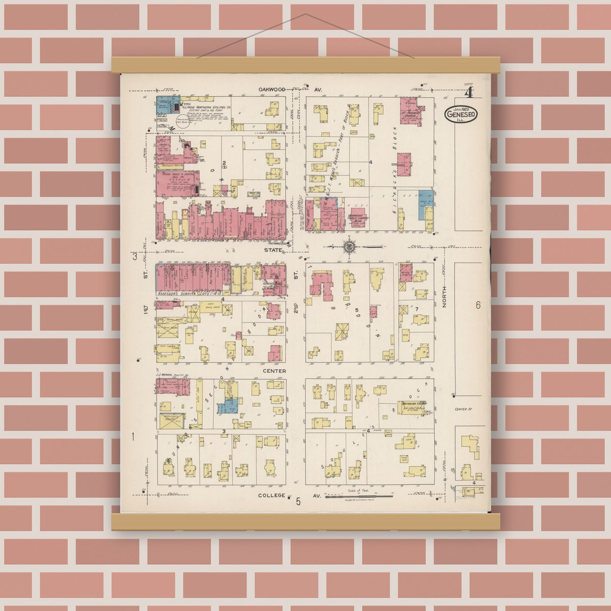 Old map wall art mockup — magnetic wood frame on brick wall — Sanborn Fire Insurance Map from Geneseo, Henry County, Illinois (1922), Sheet #0004