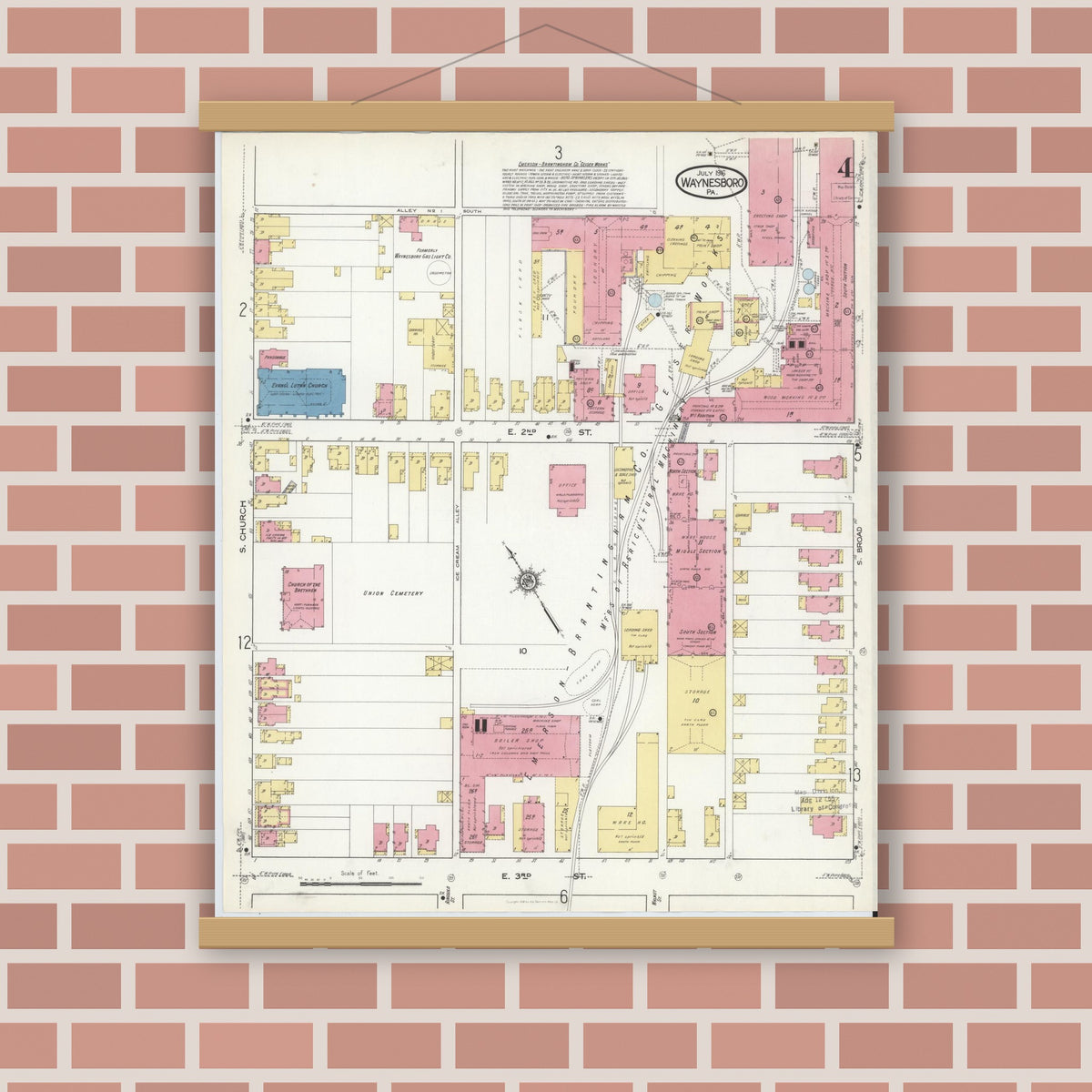 Old map wall art mockup — magnetic wood frame on brick wall — Sanborn Fire Insurance Map from Waynesboro, Franklin County, Pennsylvania (1916), Sheet #0004