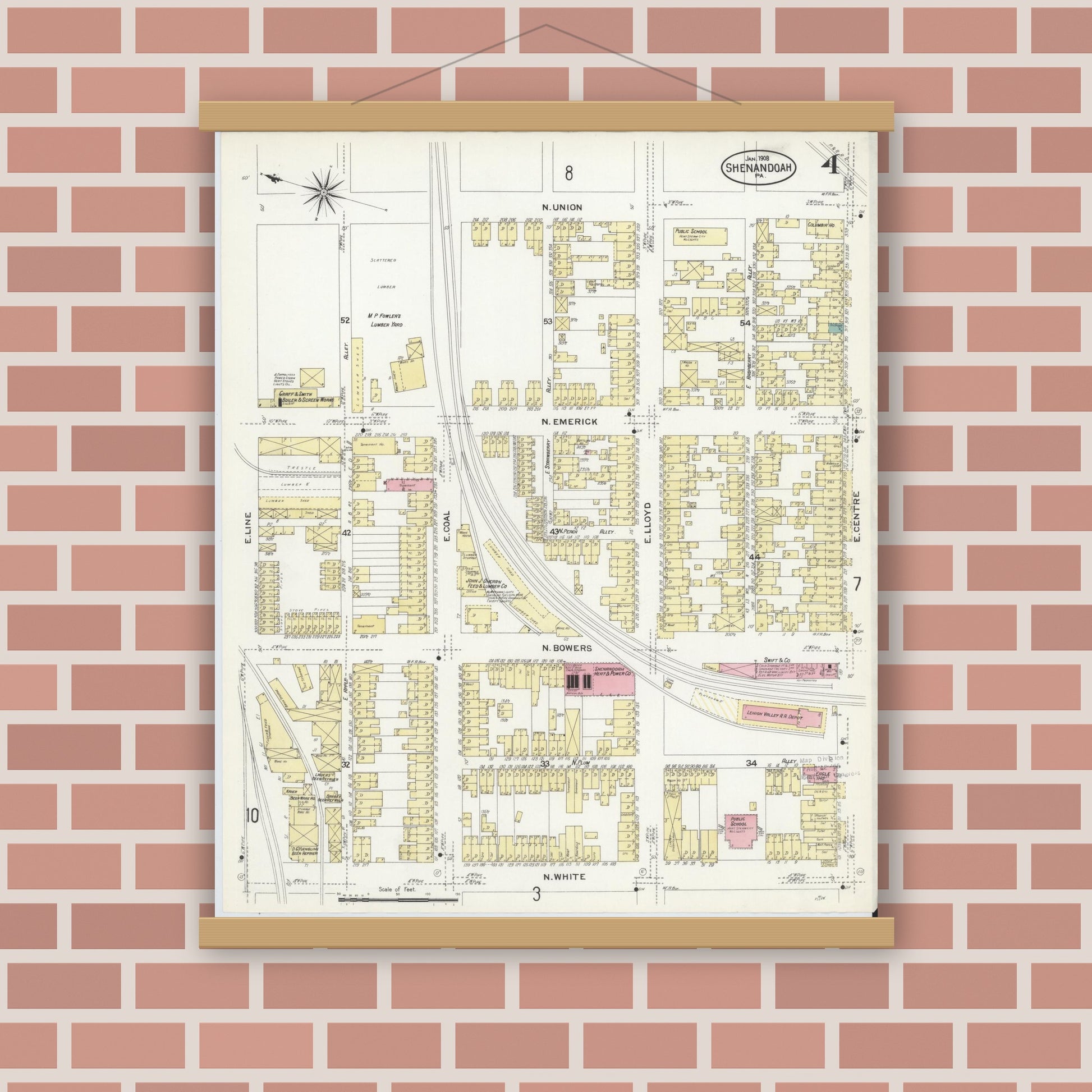Old map wall art mockup — magnetic wood frame on brick wall — Sanborn Fire Insurance Map from Shenandoah, Schuylkill County, Pennsylvania (1908), Sheet #0004