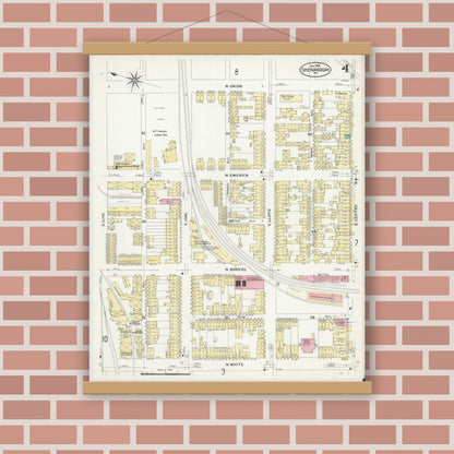 Old map wall art mockup — magnetic wood frame on brick wall — Sanborn Fire Insurance Map from Shenandoah, Schuylkill County, Pennsylvania (1908), Sheet #0004