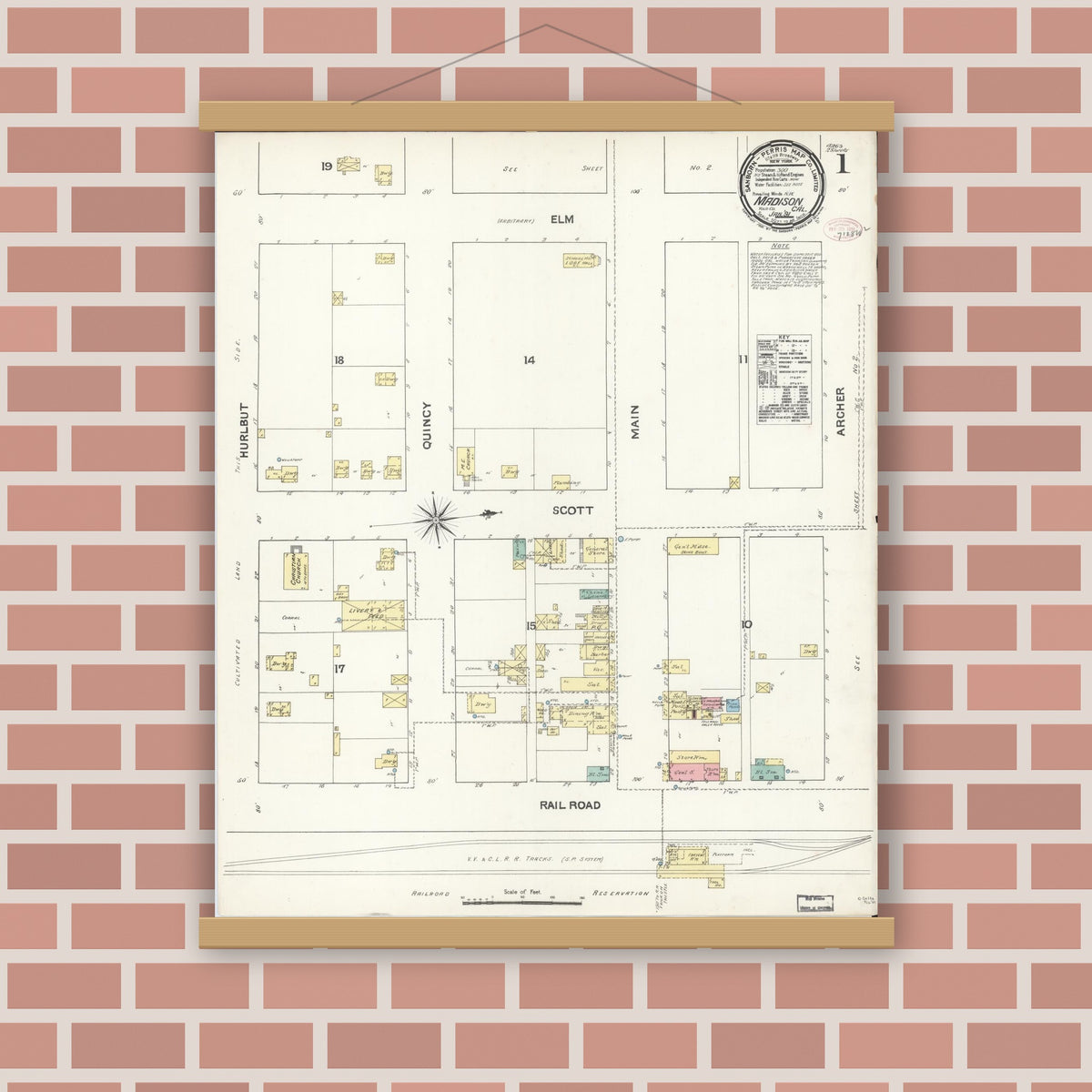Old map wall art mockup — magnetic wood frame on brick wall — Sanborn Fire Insurance Map from Madison, Yolo County, California (1891) - Complete Map Set