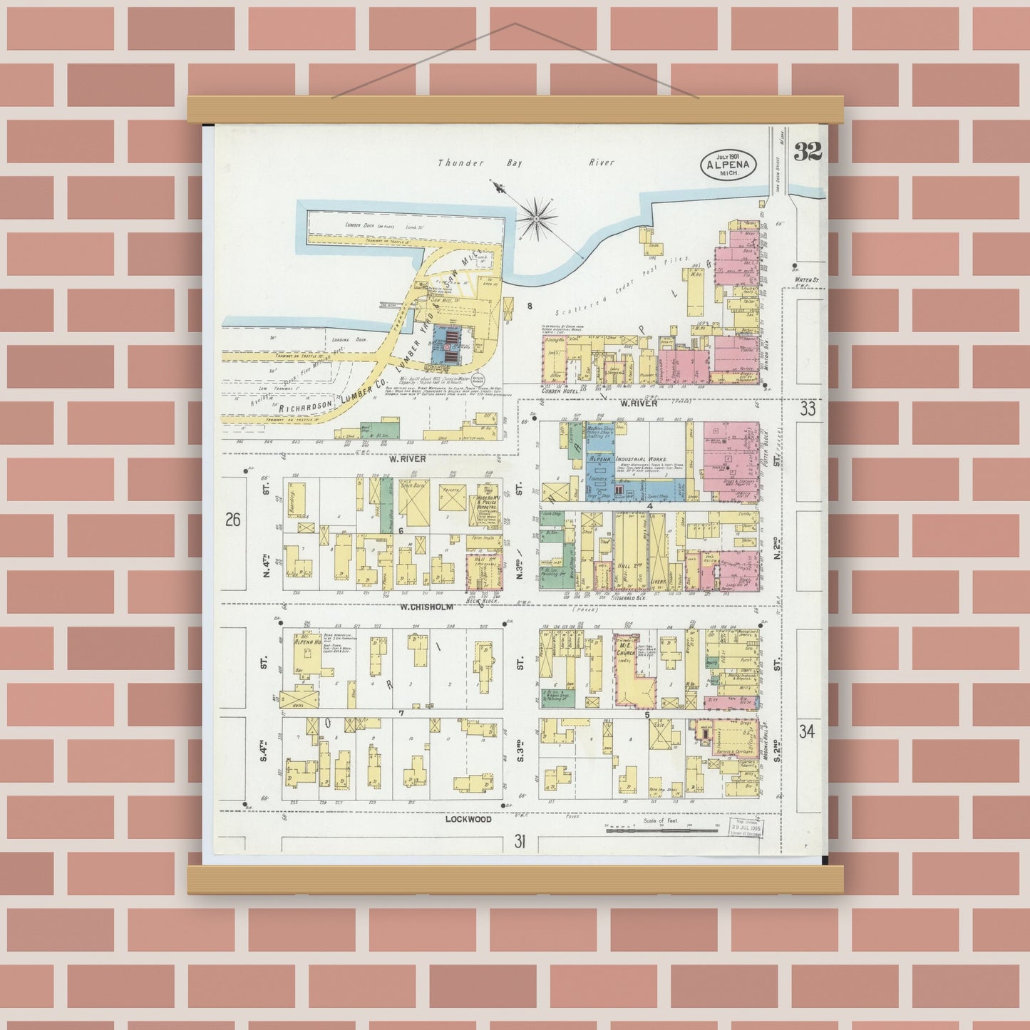 Old map wall art mockup — magnetic wood frame on brick wall — Sanborn Fire Insurance Map from Alpena, Alpena County, Michigan (1901), Sheet #0032