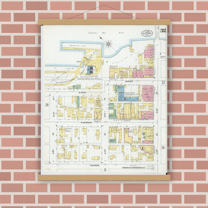 Old map wall art mockup — magnetic wood frame on brick wall — Sanborn Fire Insurance Map from Alpena, Alpena County, Michigan (1901), Sheet #0032