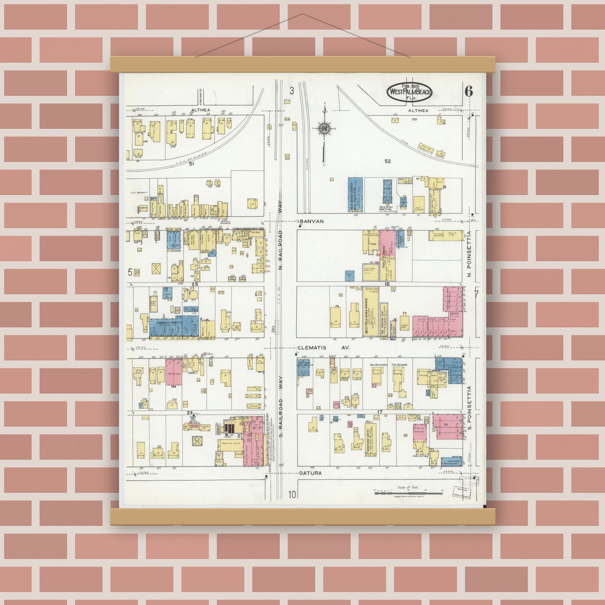 Old map wall art mockup — magnetic wood frame on brick wall — Sanborn Fire Insurance Map from West Palm Beach, Dade County, Florida (1920), Sheet #0006