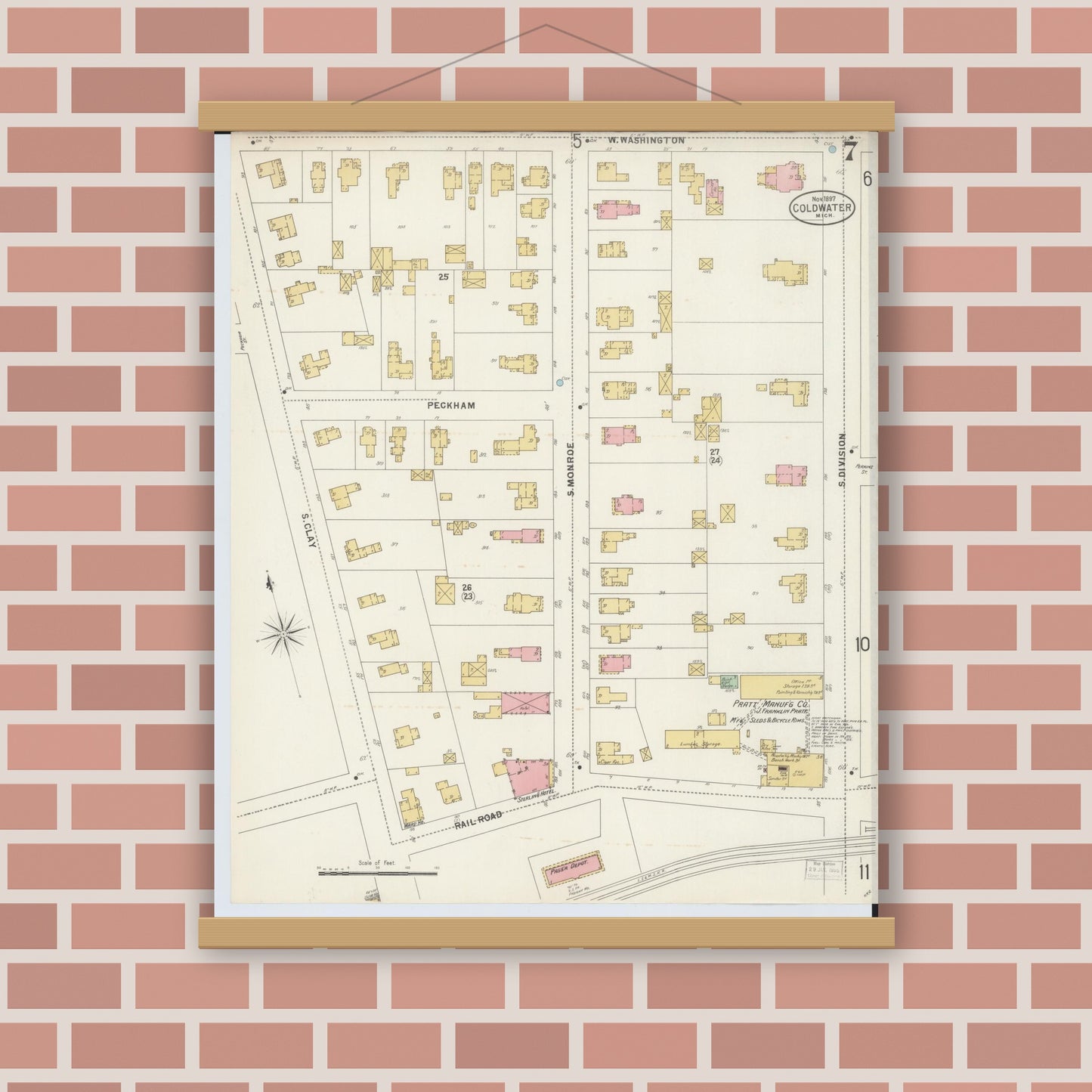 Old map wall art mockup — magnetic wood frame on brick wall — Sanborn Fire Insurance Map from Coldwater, Branch County, Michigan (1897), Sheet #0007