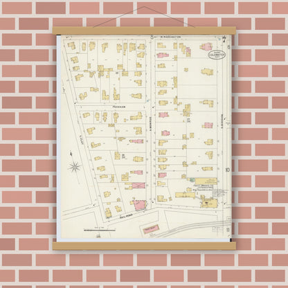 Old map wall art mockup — magnetic wood frame on brick wall — Sanborn Fire Insurance Map from Coldwater, Branch County, Michigan (1897), Sheet #0007