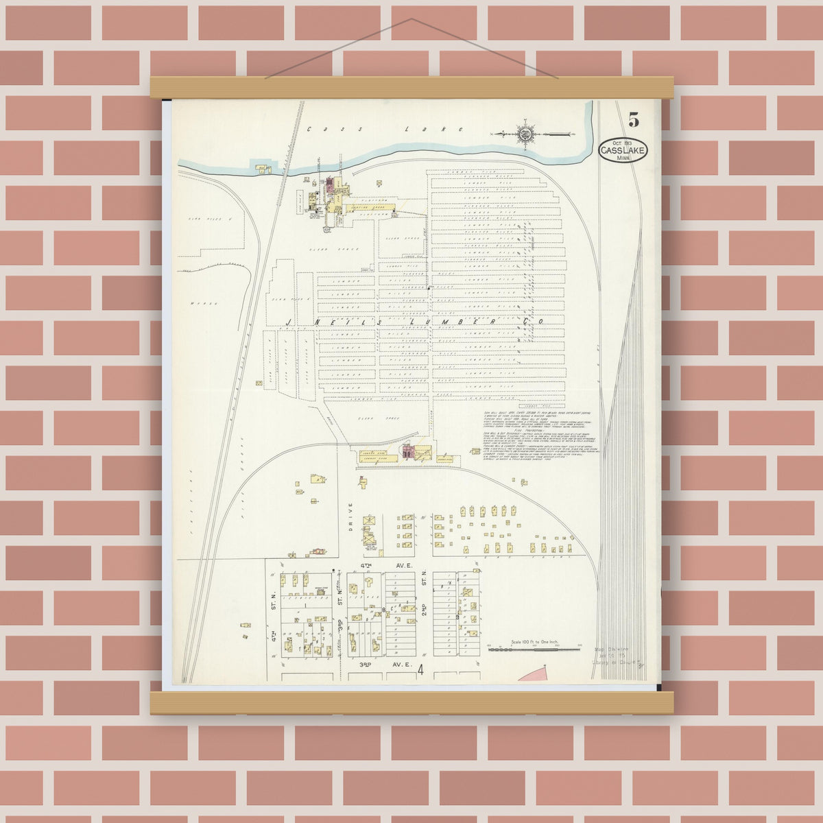 Old map wall art mockup — magnetic wood frame on brick wall — Sanborn Fire Insurance Map from Cass Lake, Cass County, Minnesota (1913), Sheet #0005