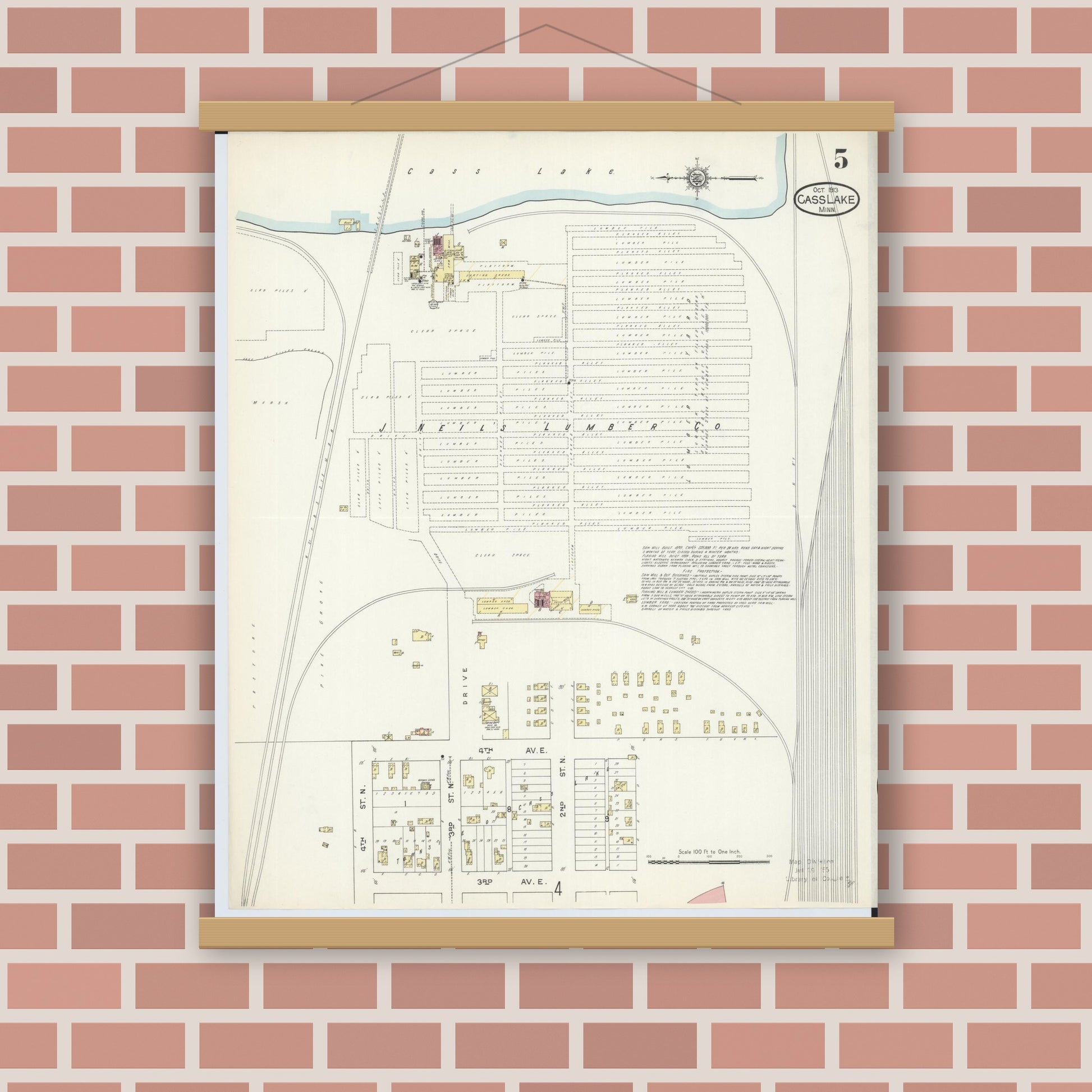 Old map wall art mockup — magnetic wood frame on brick wall — Sanborn Fire Insurance Map from Cass Lake, Cass County, Minnesota (1913), Sheet #0005