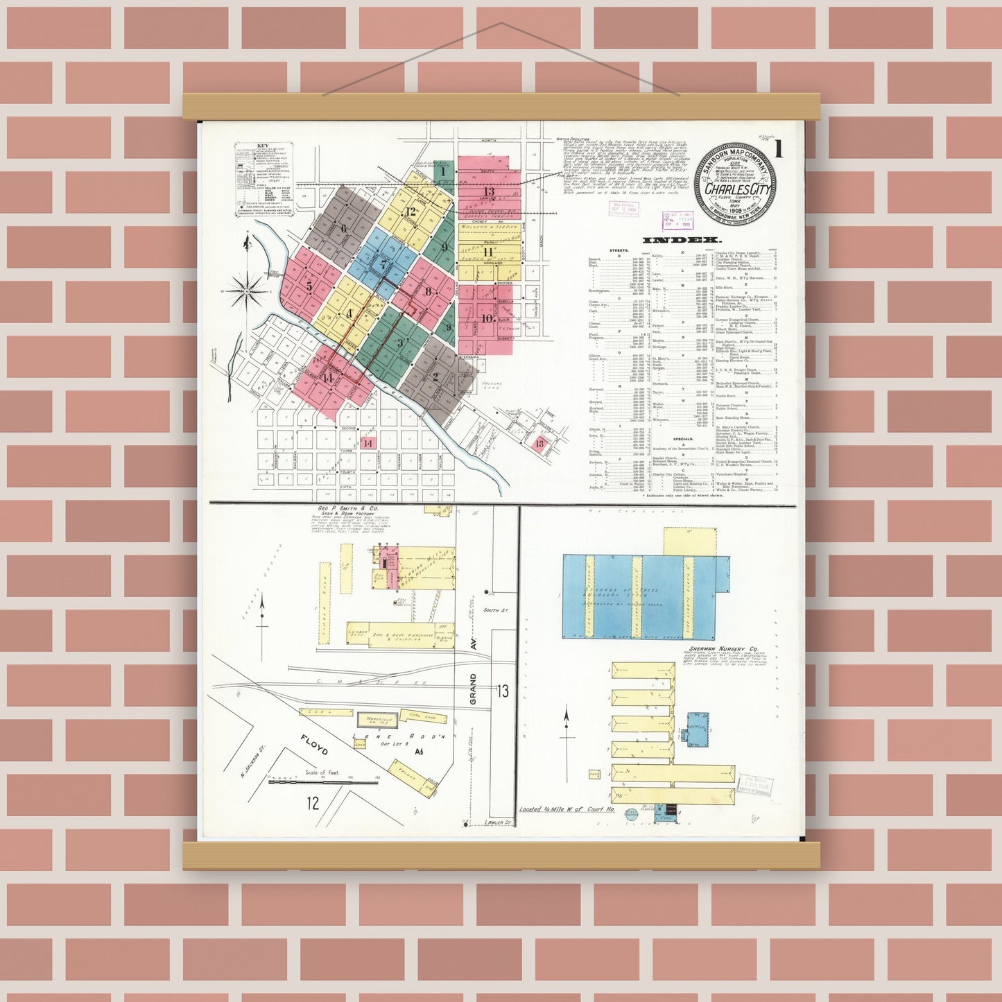 Old map wall art mockup — magnetic wood frame on brick wall — Sanborn Fire Insurance Map from Charles City, Floyd County, Iowa (1909) â€” Complete Set
