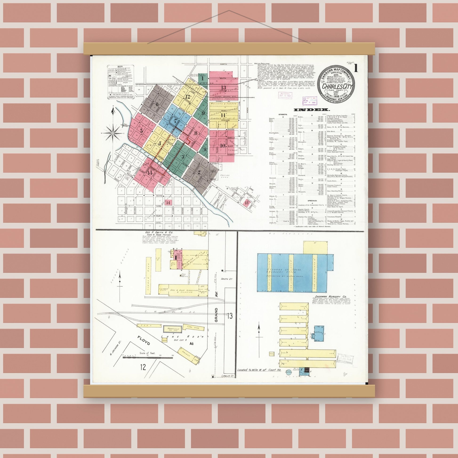 Old map wall art mockup — magnetic wood frame on brick wall — Sanborn Fire Insurance Map from Charles City, Floyd County, Iowa (1909) â€” Complete Set