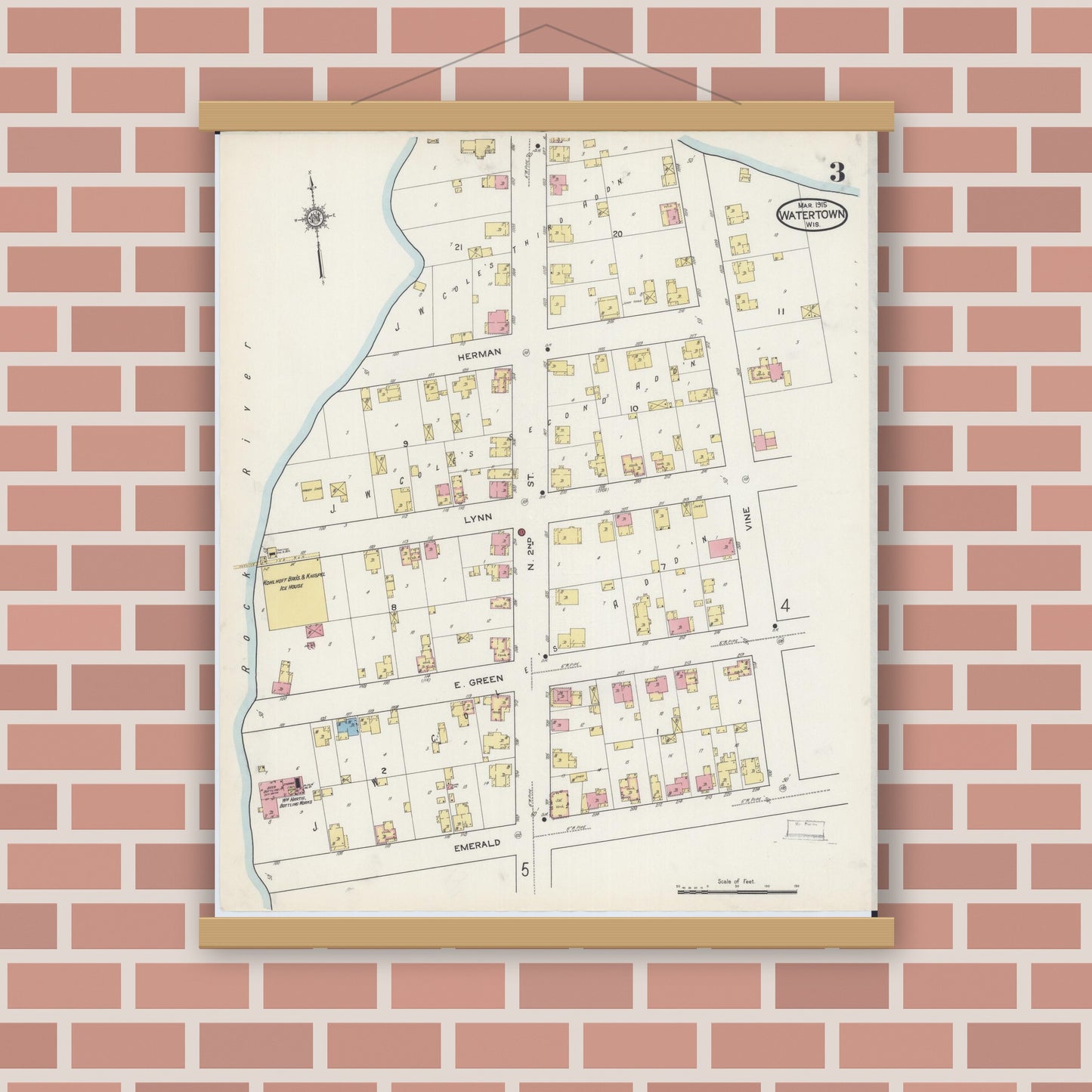 Old map wall art mockup — magnetic wood frame on brick wall — Sanborn Fire Insurance Map from Watertown, Jefferson County, Wisconsin (1915), Sheet #0004