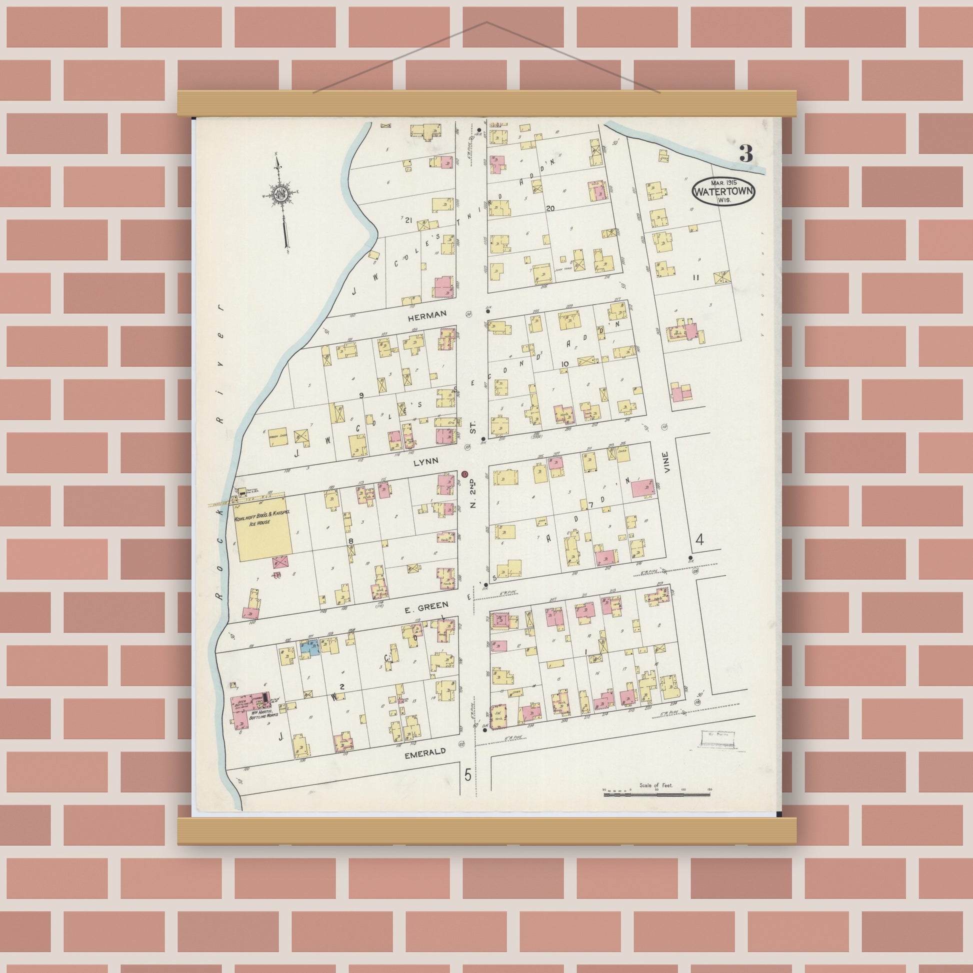 Old map wall art mockup — magnetic wood frame on brick wall — Sanborn Fire Insurance Map from Watertown, Jefferson County, Wisconsin (1915), Sheet #0004