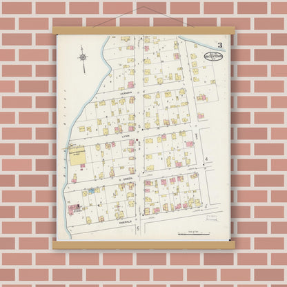 Old map wall art mockup — magnetic wood frame on brick wall — Sanborn Fire Insurance Map from Watertown, Jefferson County, Wisconsin (1915), Sheet #0004