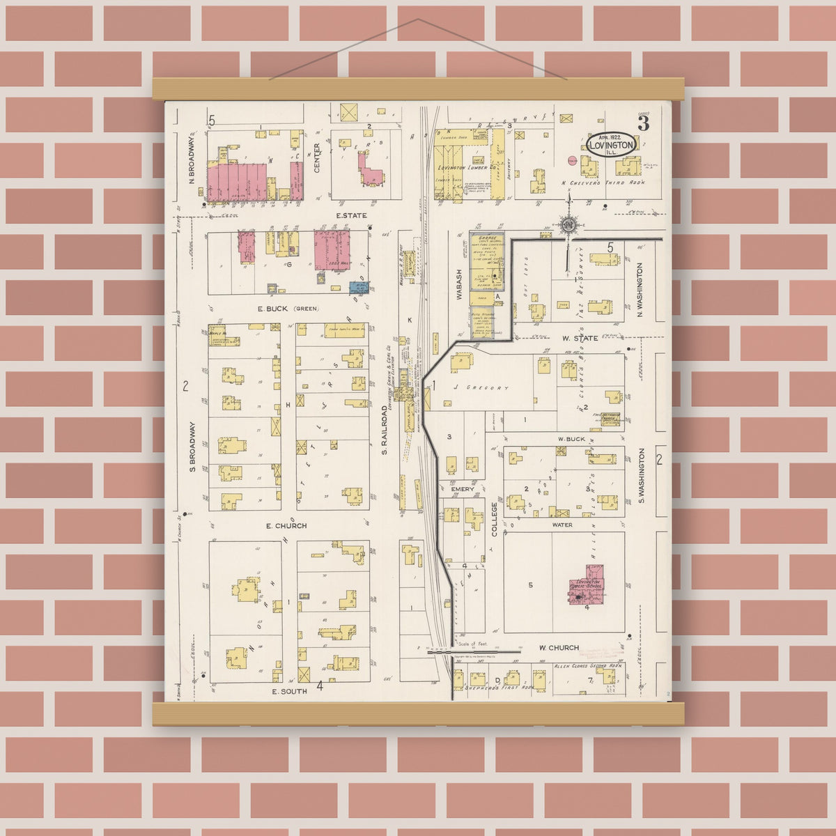 Old map wall art mockup — magnetic wood frame on brick wall — Sanborn Fire Insurance Map from Lovington, Moultrie County, Illinois (1922), Sheet #0003