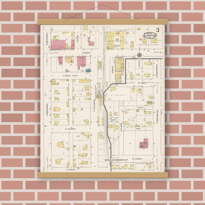 Old map wall art mockup — magnetic wood frame on brick wall — Sanborn Fire Insurance Map from Lovington, Moultrie County, Illinois (1922), Sheet #0003