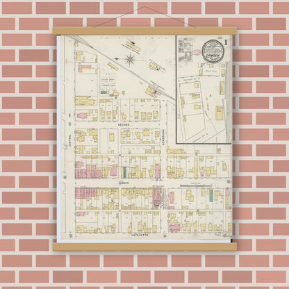 Old map wall art mockup — magnetic wood frame on brick wall — Sanborn Fire Insurance Map from Camden, Preble County, Ohio (1895), Sheet #0001