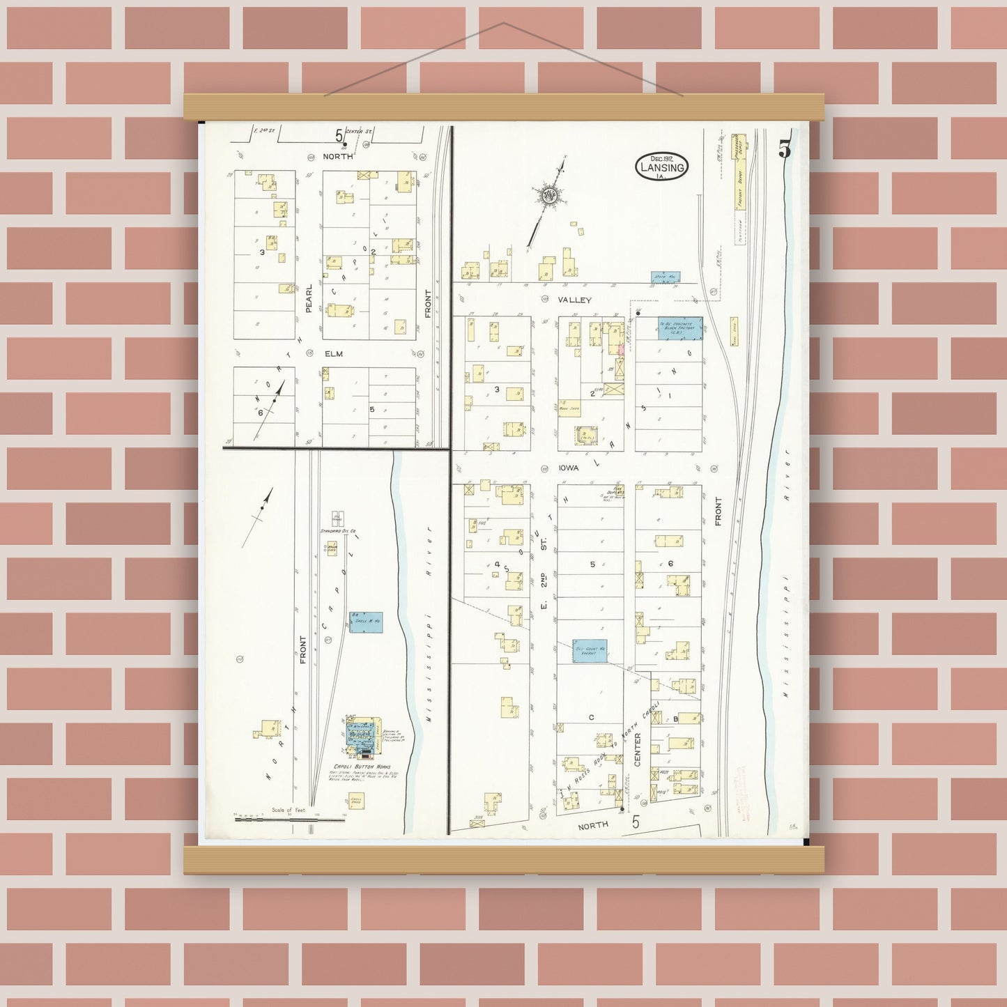 Old map wall art mockup — magnetic wood frame on brick wall — Sanborn Fire Insurance Map from Lansing, Allamakee County, Iowa (1912), Sheet #0005