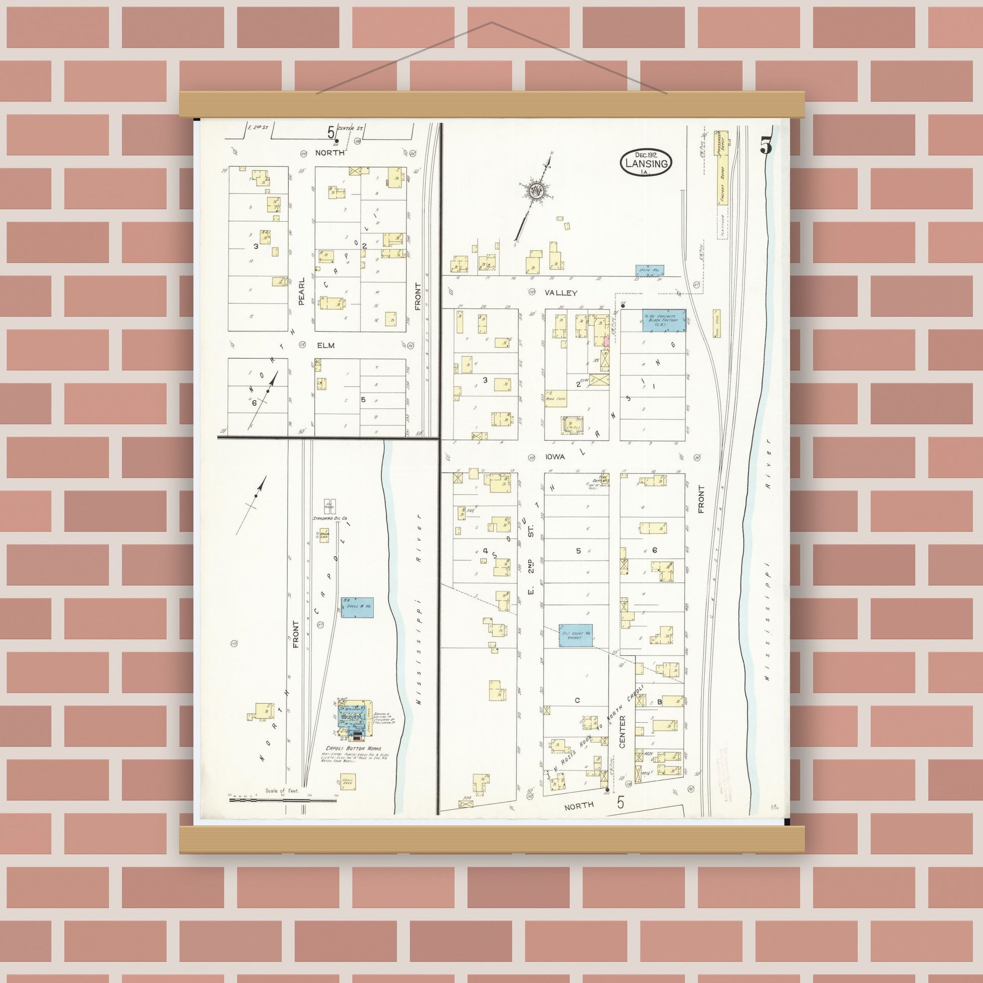 Old map wall art mockup — magnetic wood frame on brick wall — Sanborn Fire Insurance Map from Lansing, Allamakee County, Iowa (1912), Sheet #0005