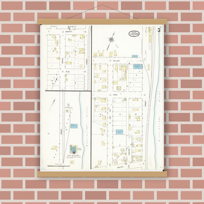 Old map wall art mockup — magnetic wood frame on brick wall — Sanborn Fire Insurance Map from Lansing, Allamakee County, Iowa (1912), Sheet #0005