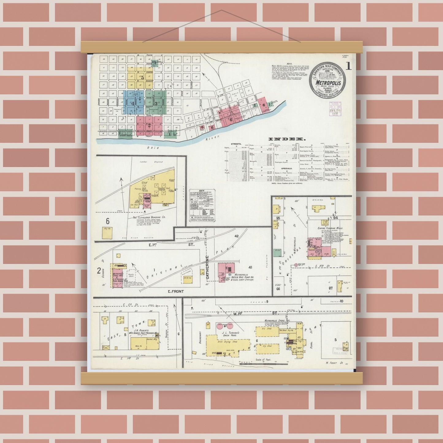 Old map wall art mockup — magnetic wood frame on brick wall — Sanborn Fire Insurance Map from Metropolis, Massac County, Illinois (1902), Sheet #0001