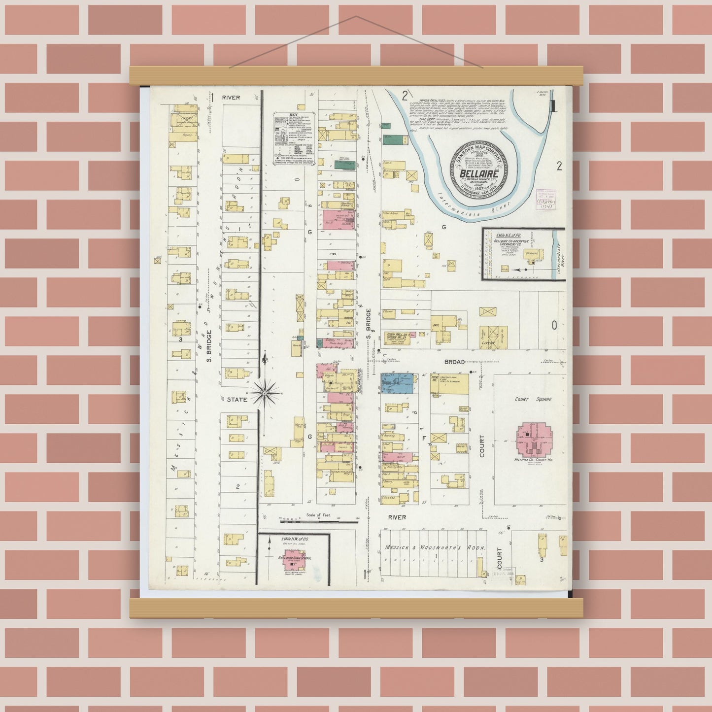 Old map wall art mockup — magnetic wood frame on brick wall — Sanborn Fire Insurance Map from Bellaire, Antrim County, Michigan (1907), Sheet #0001