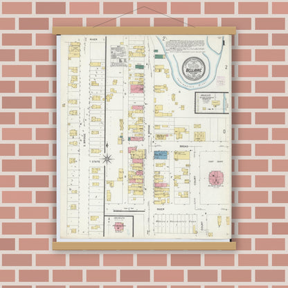 Old map wall art mockup — magnetic wood frame on brick wall — Sanborn Fire Insurance Map from Bellaire, Antrim County, Michigan (1907), Sheet #0001