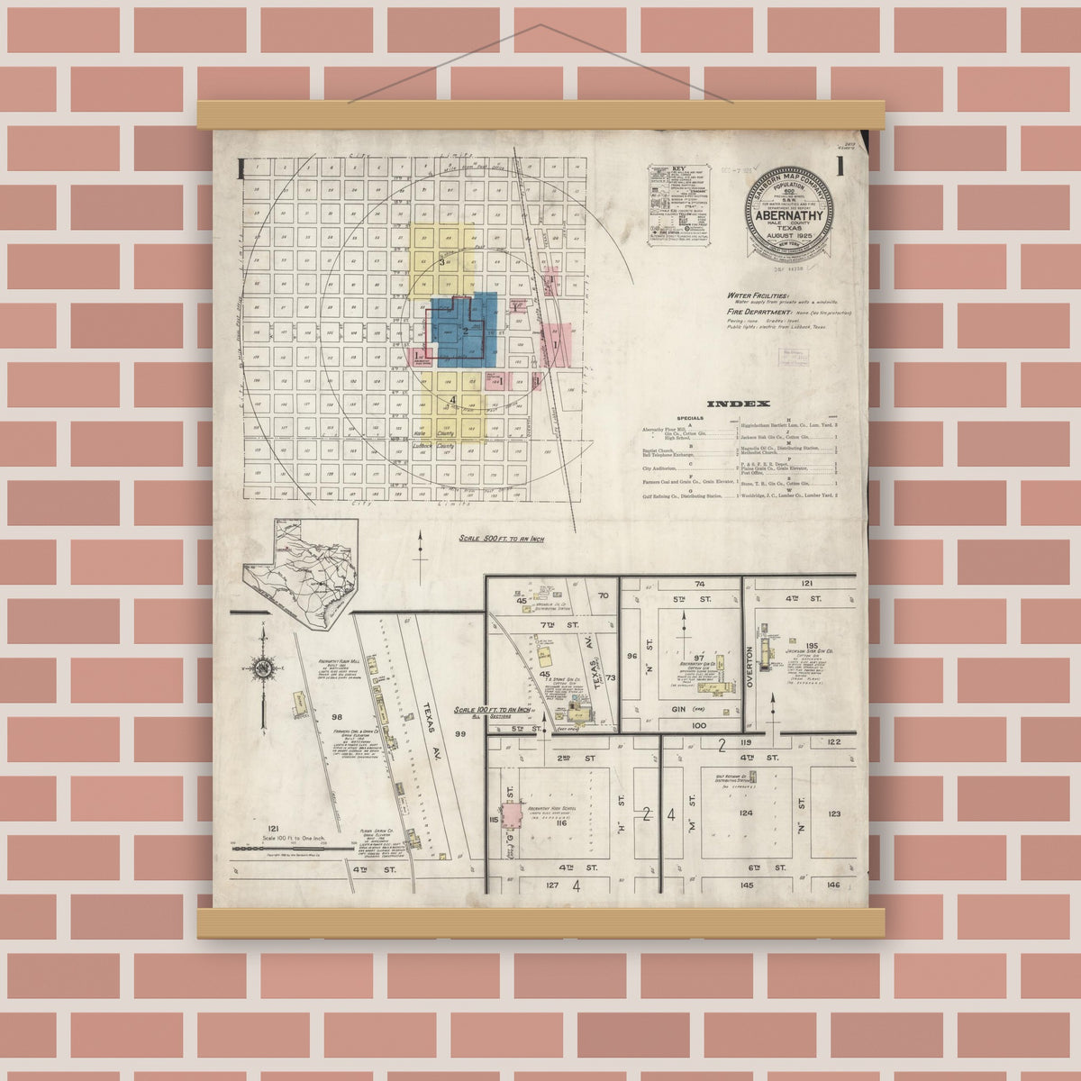 Old map wall art mockup — magnetic wood frame on brick wall — Sanborn Fire Insurance Map from Abernathy, Hale County, Texas (1925) - Complete Map Set
