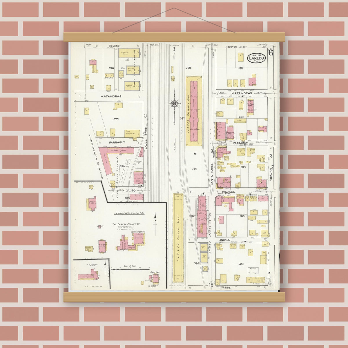 Old map wall art mockup — magnetic wood frame on brick wall — Sanborn Fire Insurance Map from Laredo, Webb County, Texas (1916), Sheet #0006