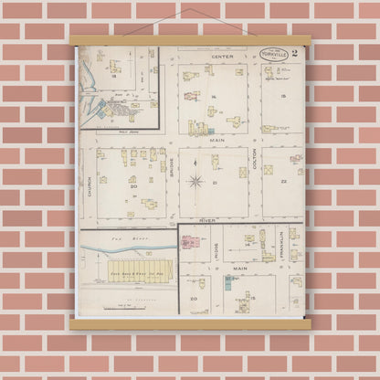 Old map wall art mockup — magnetic wood frame on brick wall — Sanborn Fire Insurance Map from Yorkville, Kendall County, Illinois (1886), Sheet #0002