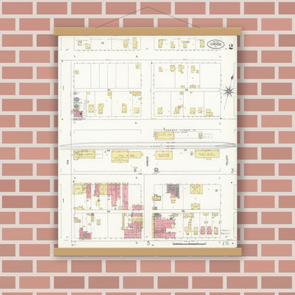 Old map wall art mockup — magnetic wood frame on brick wall — Sanborn Fire Insurance Map from Lemoore, Kings County, California (1909), Sheet #0002
