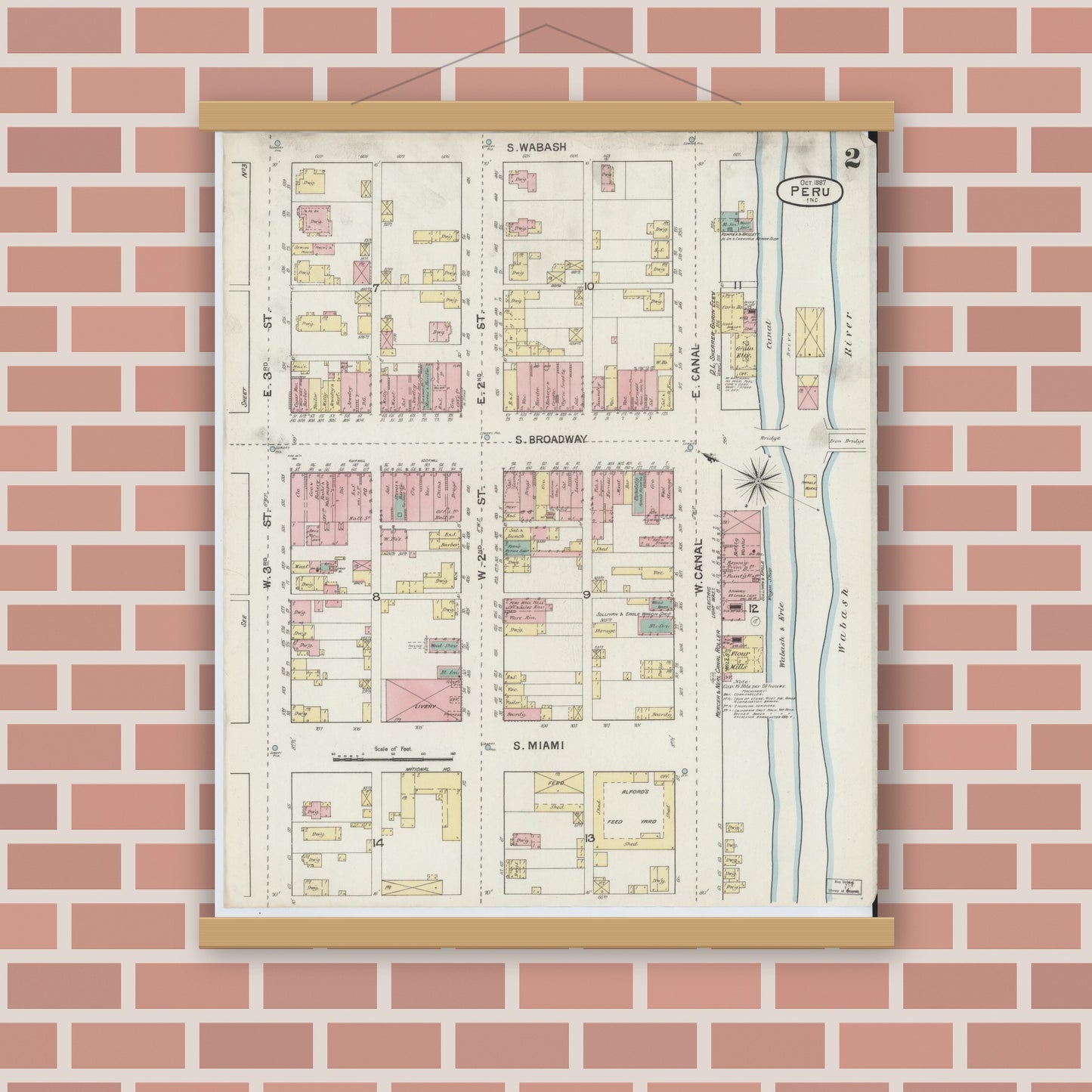Old map wall art mockup — magnetic wood frame on brick wall — Sanborn Fire Insurance Map from Peru, Miami County, Indiana (1887), Sheet #0002
