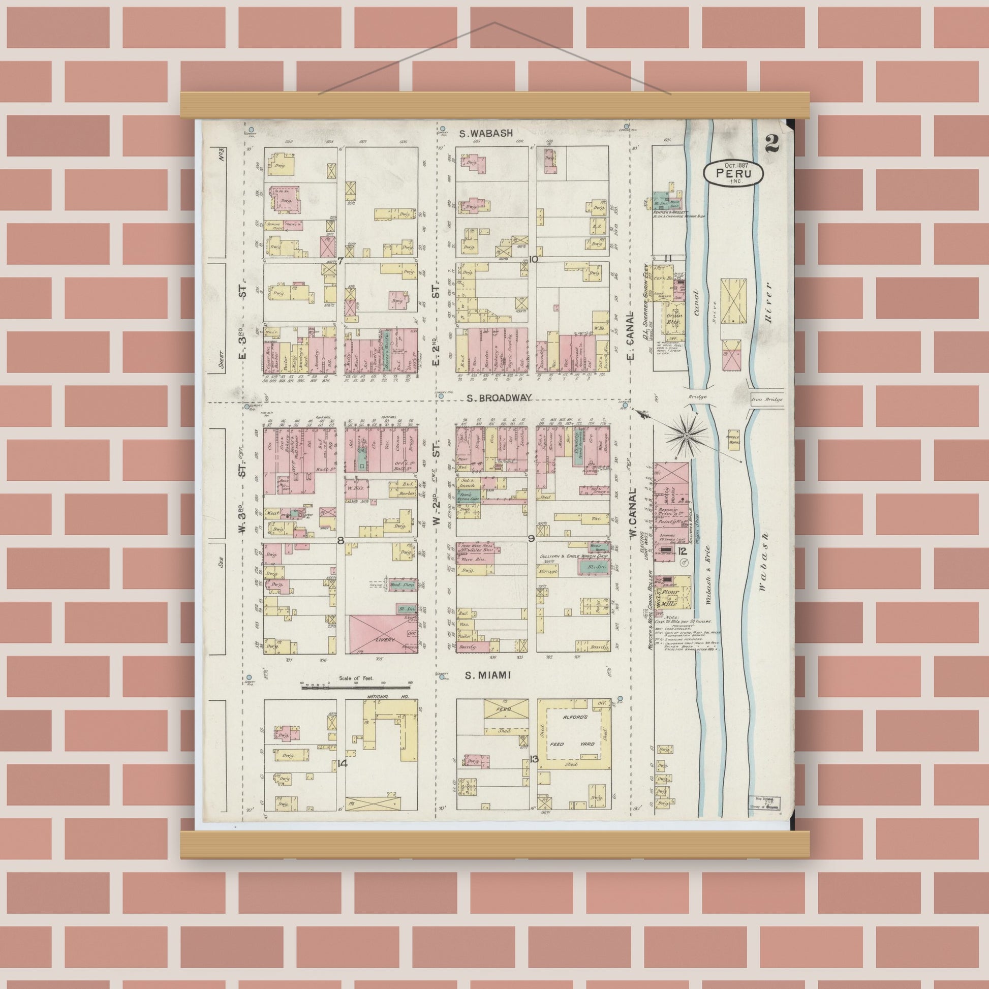 Old map wall art mockup — magnetic wood frame on brick wall — Sanborn Fire Insurance Map from Peru, Miami County, Indiana (1887), Sheet #0002