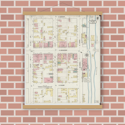 Old map wall art mockup — magnetic wood frame on brick wall — Sanborn Fire Insurance Map from Peru, Miami County, Indiana (1887), Sheet #0002