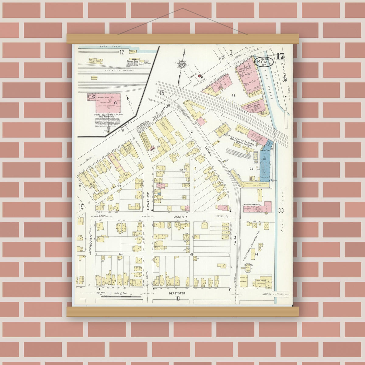 Old map wall art mockup — magnetic wood frame on brick wall — Sanborn Fire Insurance Map from Rome, Oneida County, New York (1914), Sheet #0017